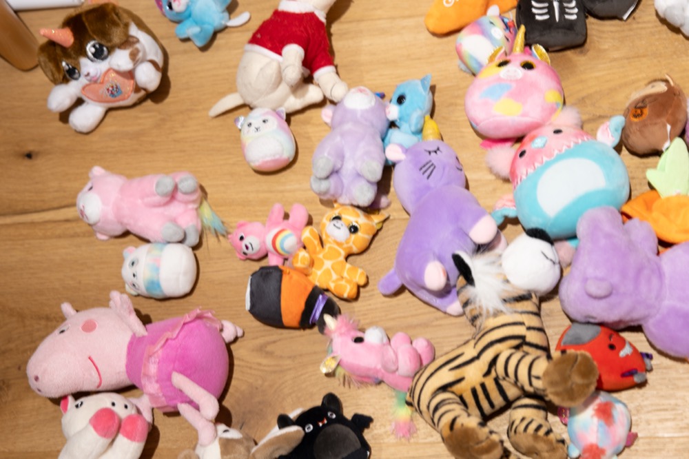 Stuffed animals scattered across a wood floor
